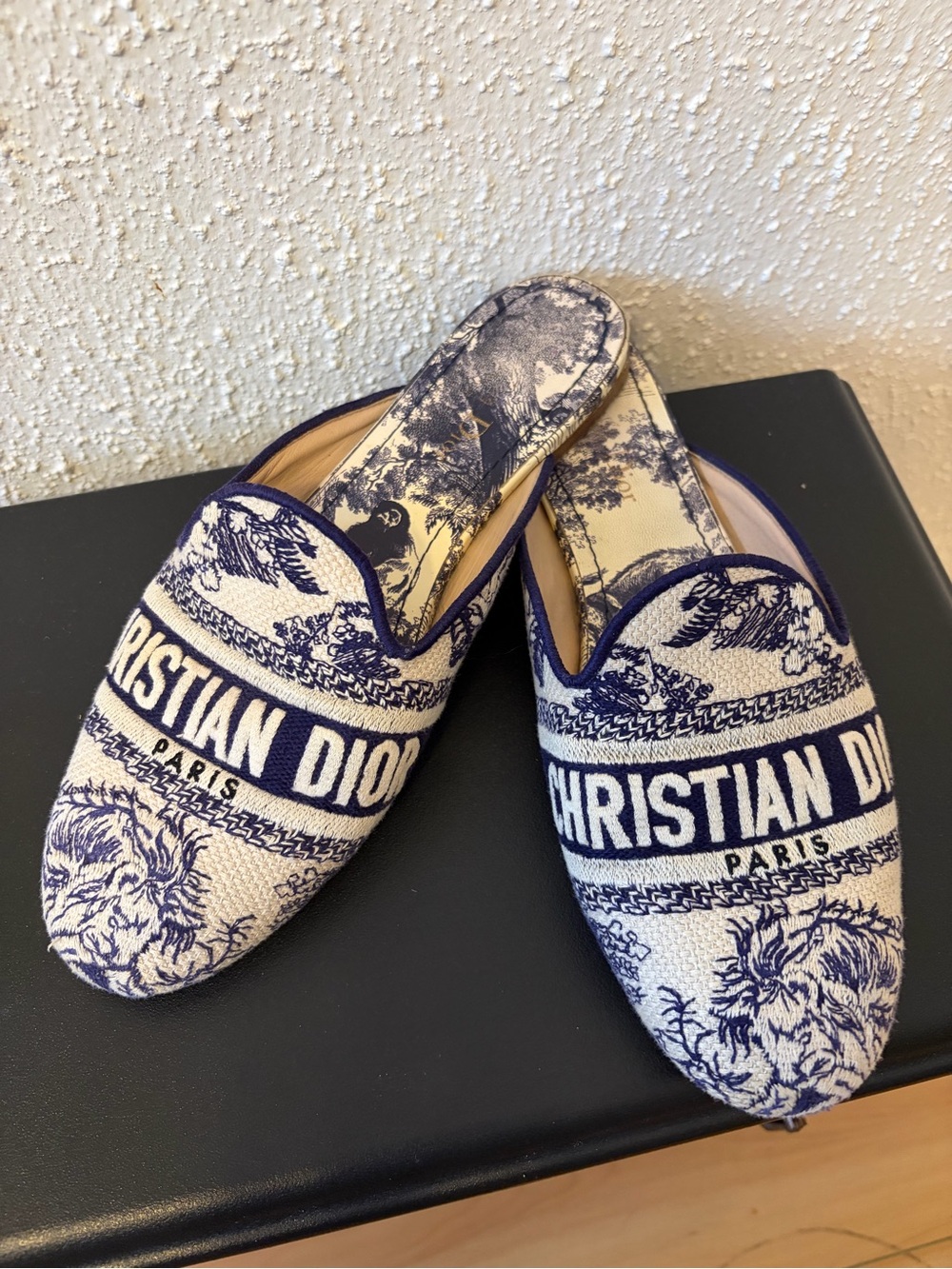 Christian Dior Navy and Cream Toile Logo Slide Mules
